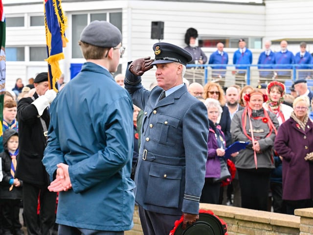 Bexhill, UK, 12 November 2023. Veterans, Youth Groups and Community members attend the Remembrance Day Service in Bexhill, East Sussex. Photo by Lee Floyd: https://www.leefloyd.co.uk/