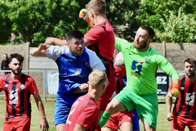 Action from a pre-season friendly between Shoreham and Worthing United at Middle Road