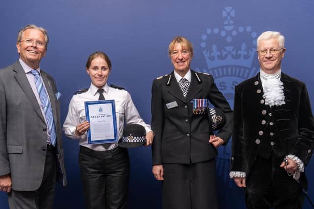 Laura Hall pictured with Magistrate Lloyd Hanks JP, Chief Constable Jo Shiner and High Sheriff of East Sussex Richard Bickersteth