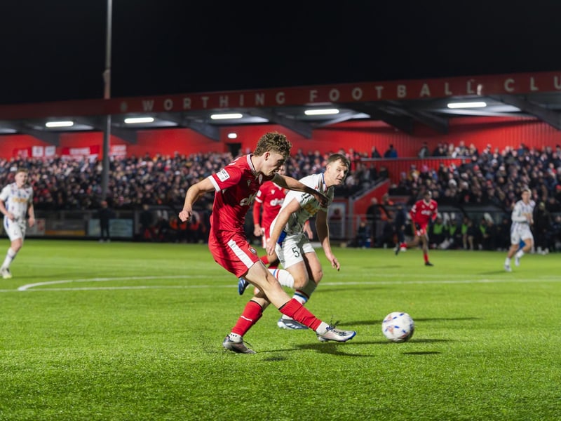 Brad Dolagan (21 Worthing FC) makes it 2-1 during the match between Worthing FC and Dorking Wanderers in the Enterprise National League South at Sussex Transport Community Stadium : Worthing v Dorking Wanderers, National League South