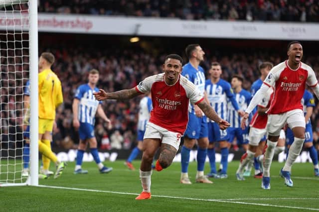 Gabriel Jesus of Arsenal celebrates after scoring against Brighton & Hove Albion