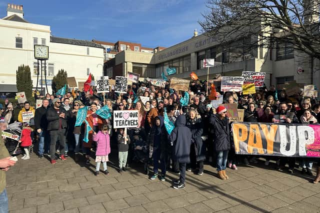 Striking teachers and supporters rallied in Worthing town centre on the first day of action last month. Picture: Eddie Mitchell