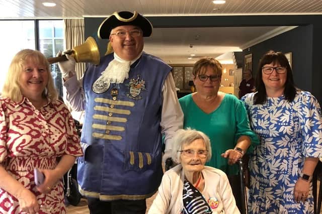 Worthing town crier Bob Smytherman at The Poets nursing home to celebrate the 100th birthday of Margaret Theresa Noakes. Picture: Nicci Parish / Submitted
