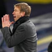 Graham Potter gestures on the touchline match between Leeds United and Brighton & Hove Albion at Elland Road