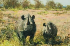 A detail of David Shepherd’s Rhinos in Namibia painted in 1999.