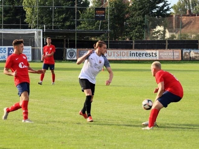 Action from Pagham v Eastbourne United in the FA Vase