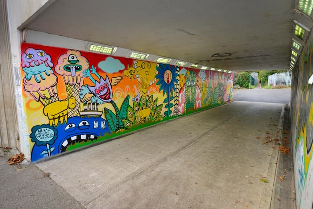 Mural at Chapel Path Underpass, off London Road, Bexhill. Created by G_wizz_wheeler and Katea Monstrous, with the help of pupils from King Offa Primary Academy: Binky, Noelle, Freddie, Alyx, Chloe and Travis. W.AVE ARTS Bexhill.