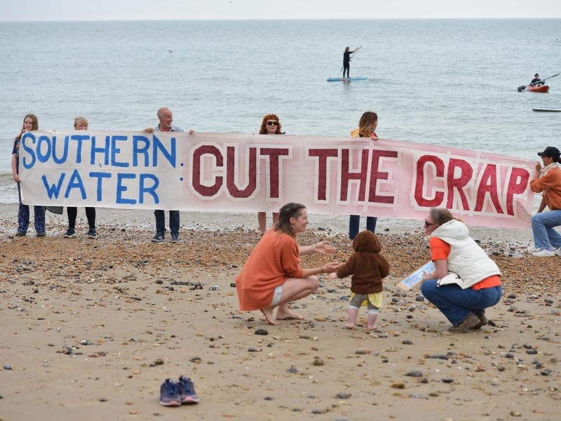 Surfers Against Sewage Paddle-Out protest in Hastings on May 18 2024.