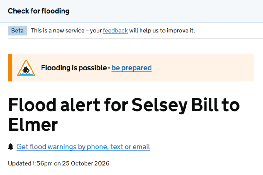 Flood alert for coastal areas between Selsey and Elmer