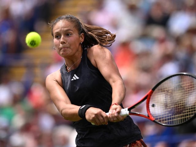 EASTBOURNE, ENGLAND - JULY 01: Daria Kasatkina plays a backhand against Madison Keys of United States during the Women's Singles Final match on Day Eight of Rothesay International Eastbourne at Devonshire Park on July 01, 2023 in Eastbourne, England. (Photo by Justin Setterfield/Getty Images):Action from Saturday's finals at the Rothesay tennis international at Devonshire Park, Eastbourne