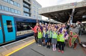 Local school children with the newly named Bayeux Tapestry train