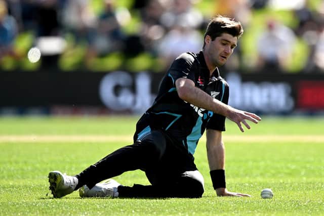 Henry Shipley of New Zealand fields during game two of the T20 International series v Sri Lanka at University of Otago Oval in April 2023 in Dunedin (Photo by Joe Allison/Getty Images)