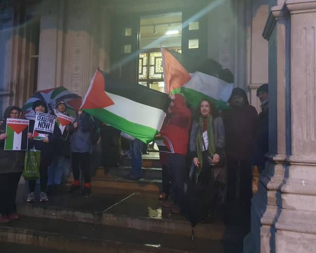Demonstrators outside Eastbourne Town Hall ahead of a ceasefire motion