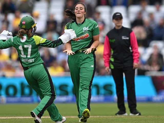 Mary Taylor elebrates a wicket with Southern Brave wicket keeper Rhianna Southby during The Hundred match between Trent Rockets and Southern Brave at Trent Bridge (Photo by Shaun Botterill/Getty Images)