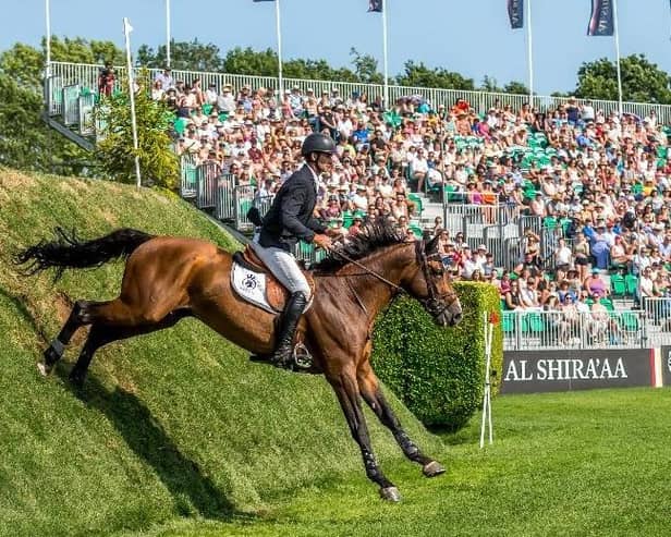 Ireland rider David Simpson winning the 2023 Al Shira aa Derby at Hickstead | Picture by Julian Portch