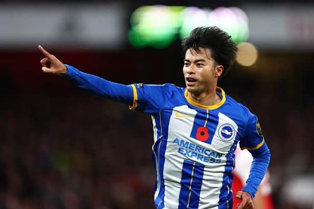 Kaoru Mitoma of Brighton & Hove Albion celebrates after scoring their team's second goal during the Carabao Cup Third Round match at Arsenal