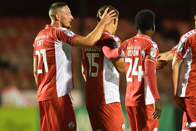 Reds celebrate Ben Radcliffe's goal | Picture: Kyle Hemsley/Crawley Town