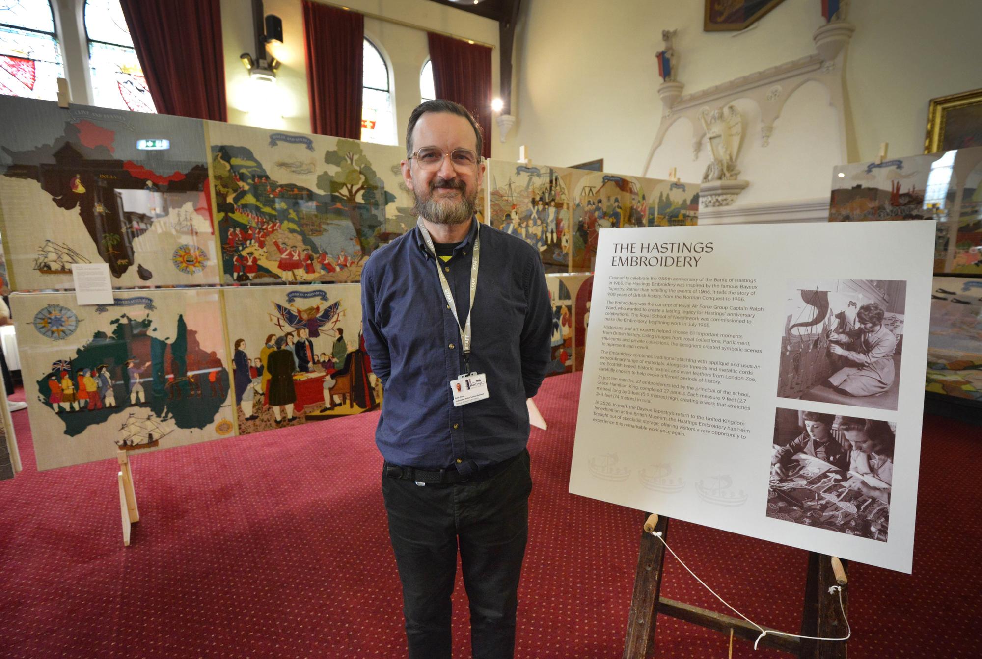 The Hastings Embroidery is on display at the town hall Thursdays-Mondays 10-4 until Sunday, Nov 1. Peter Dixon, Embroidery Visitor Services Assistant.