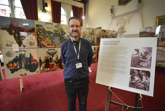 The Hastings Embroidery is on display at the town hall Thursdays-Mondays 10-4 until Sunday, Nov 1. Peter Dixon, Embroidery Visitor Services Assistant.