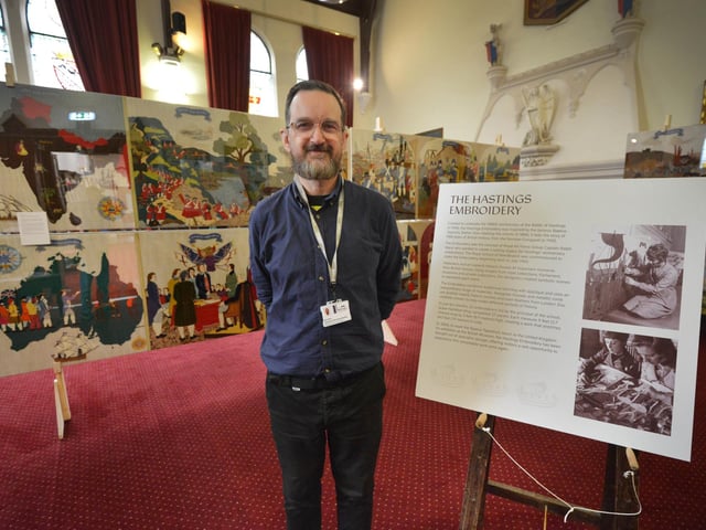 The Hastings Embroidery is on display at the town hall Thursdays-Mondays 10-4 until Sunday, Nov 1. Peter Dixon, Embroidery Visitor Services Assistant.