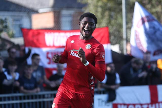 Javaun Splatt celebrates putting Worthing in front - but they ended up 2-1 losers | Picture: Mike Gunn