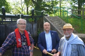 Andrew Griffith MP pictured with John Reynolds (left), director of boat operations and also conservation adviser and Peter Winter (right), deputy secretary and also editor of the canal trust's volunteer newsletter.