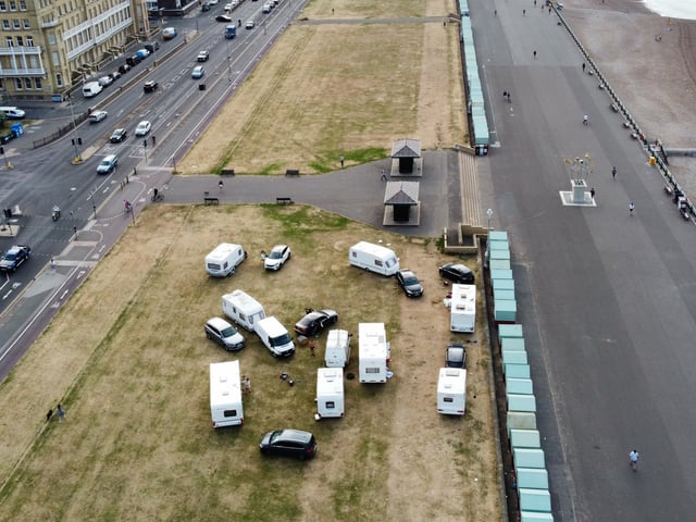 These aerial photographs show caravans and several other vehicles on Hove Lawns