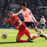 Joel Veltman of Brighton & Hove Albion is challenged by Son Heung-Min of Tottenham Hotspur