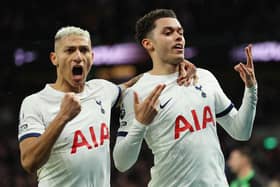 LONDON, ENGLAND - FEBRUARY 10: Brennan Johnson of Tottenham Hotspur celebrates with team mate Richarlison after scoring his team's second goal during the Premier League match between Tottenham Hotspur and Brighton & Hove Albion at Tottenham Hotspur Stadium on February 10, 2024 in London, England. (Photo by Richard Pelham/Getty Images)