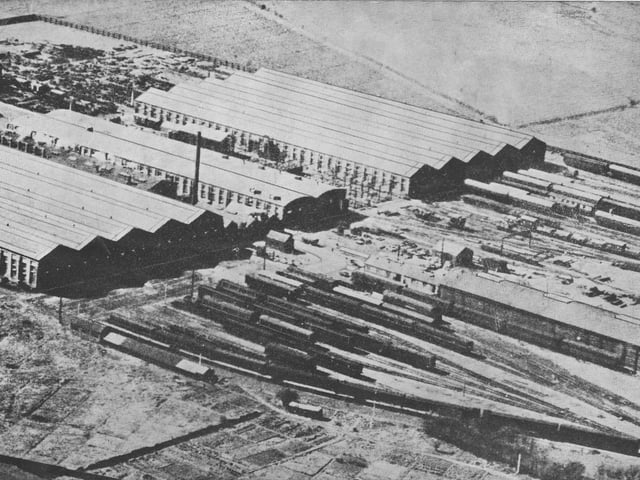 The works covered an area of 66 acres and comprised 27 shops for building and repairing wagon stock and carriages