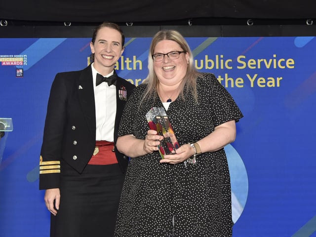 Pictured is: (left) Commander Sara Balls, head of Royal Navy Apprenticeships and headline sponsor of the awards presenting Nicola Sawdy of St Paul's Catholic Primary School and Nursery, winner of the Health & Public Service Apprentice of the Year award.