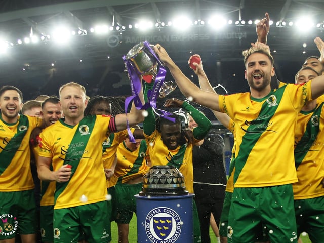 James Hammond’s majestic 95th minute free-kick clinched Horsham FC’s first league and Sussex Senior Cup double in the club’s history.