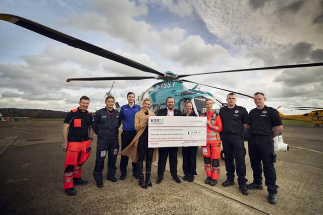 (L-R): Mark Wilson, doctor, KSS; Mike Wong, Pilot, KSS; Samuel Robinson, Airport Security Officer, Gatwick Airport; Melanie Wrightson, Stakeholder Engagement Manager, Gatwick Airport; Alex Redwood, Head of Corporate Development, KSS; Hayley Richardson, Airfield Controller; Emma Parkhe, Paramedic, KSS; Paul Bunch, Firefighter (Red Watch), Gatwick Airport; Lee Braidwood, Firefighter (Red Watch), Gatwick Airport