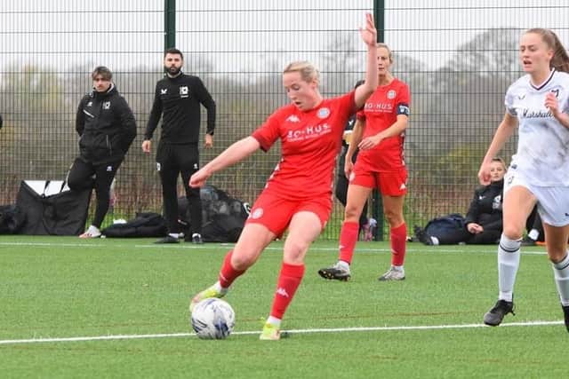 Hayley Bridge in action for Worthing Women in their epic FA Cup tie with MK Dons | Picture: One Rebels View