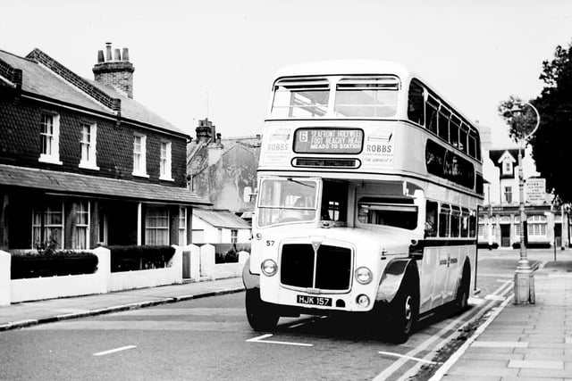 The bus is parked in Channel View Road, you can just see The Archery pub in the background which is no longer there, the bus is from 1961, carries an East Lancs body and is in the later ivory livery with a blue trim.