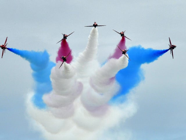 The Red Arrows display team in their 60th year at Eastbourne International Airshow today as the town celebrate their 30th year of Airbourne (Photo by Jon Rigby)