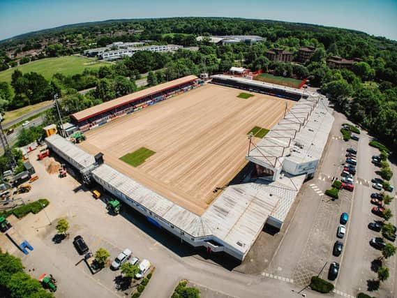 Crawley Town Football Club have had their pitch removed ready for summer renovations. Grant Mansfield took these wonderful pictures from above to show what it currently look inside the Broadfield Stadium.