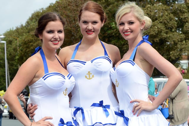 Kate Dumbrell, Emily Warrington and Amy Hart in their Anything Goes costumes with Worthing Musical Comedy Society