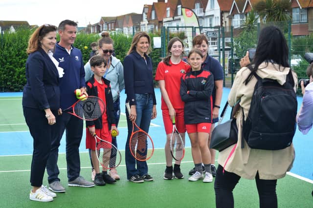 Culture Secretary Lucy Frazer marks the refurbishment of 1,000 public tennis courts. Photocall on June 29 at the tennis courts on Royal Parade, Eastbourne, with children from Bourne Primary School and Scott Lloyd, CEO Lawn Tennis Association.