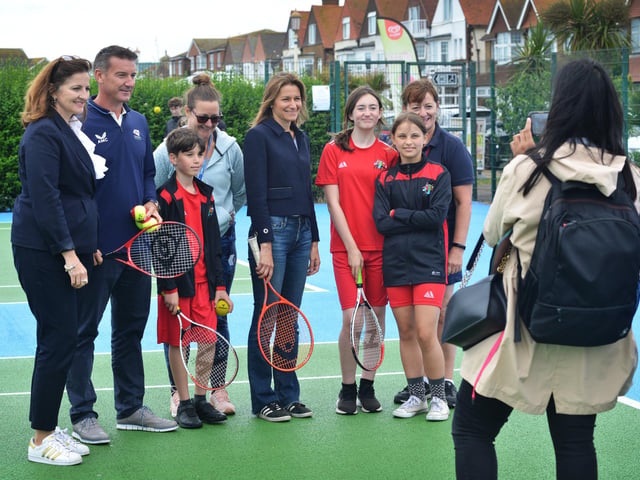 Culture Secretary Lucy Frazer marks the refurbishment of 1,000 public tennis courts. Photocall on June 29 at the tennis courts on Royal Parade, Eastbourne, with children from Bourne Primary School and Scott Lloyd, CEO Lawn Tennis Association.