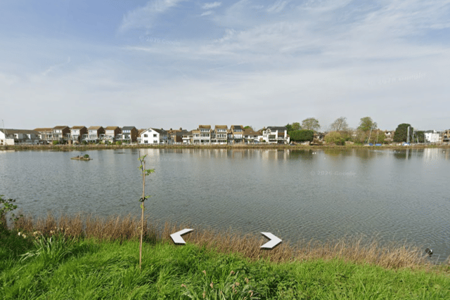 Police are investigating after a man was reportedly hit in the leg by a projectile or BB gun pellet while sitting by a pond in Southbourne. Photo: Google Earth.