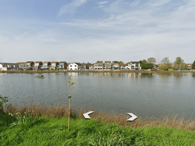 Police are investigating after a man was reportedly hit in the leg by a projectile or BB gun pellet while sitting by a pond in Southbourne. Photo: Google Earth.
