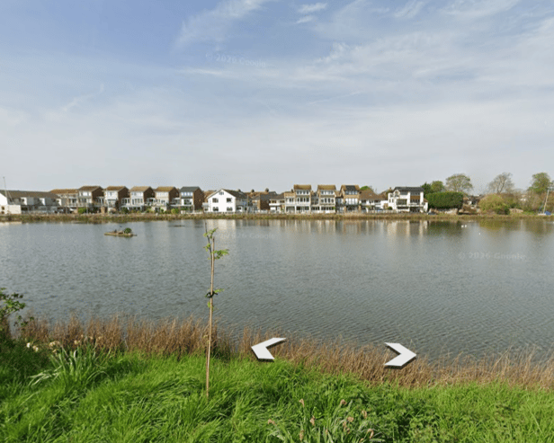 Police are investigating after a man was reportedly hit in the leg by a projectile or BB gun pellet while sitting by a pond in Southbourne. Photo: Google Earth.