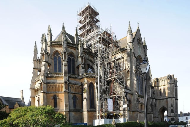 The cathedral surrounded by scaffolding in October 2010 while maintenance work was carried out to the fleche