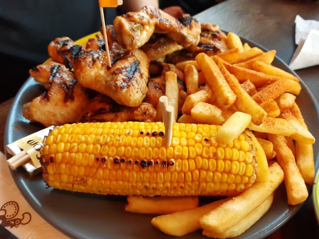 Chicken wings, chips and corn