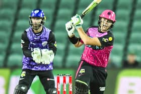 Sussex overseas recruit Dan Hughes tees off in the Sydney Sixers' BBL match againat Hobart Hurricanes on their way to this week's final (Photo by Simon Sturzaker/Getty Images)