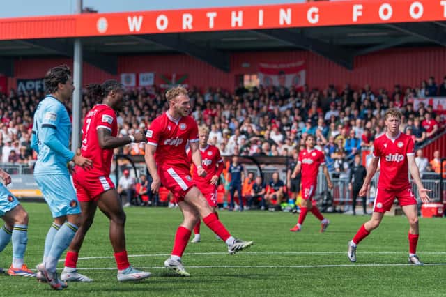 Joe Cook scores to put Worthing 1-0 up versus Ebbsfleet | Picture by Jay Wrighte