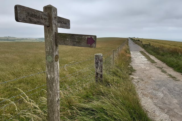 Look out for this three-way signpost. The Sussex Border Path goes right here but we are carrying straight on to go over Mount Zion.