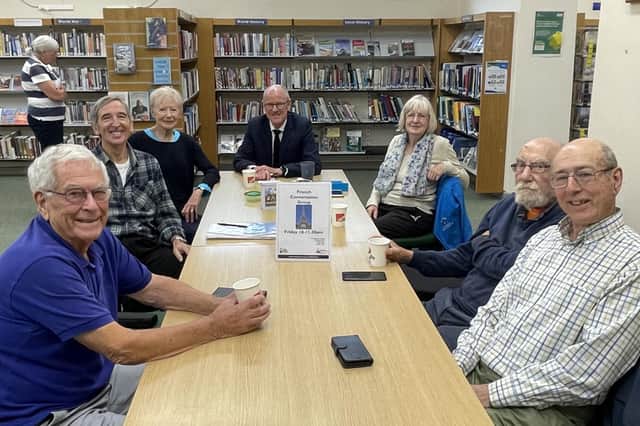 Members of the Littlehampton French Conversation Group, including Bob Cullum, Allan Spencer, Janet Rogers, Peter Liverman and Frances Lewsey, with MP Nick Gibb