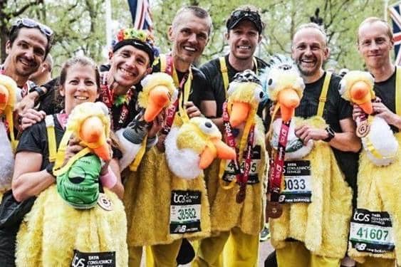 Seven 'emus' raised money for Woodlands Meed College by completing the TCS London Marathon on Sunday, April 21. Photo courtesy of Sportograf via Woodlands Meed